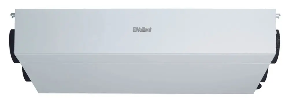 Zentrales Lüftungsgerät in Weiß von Vaillant mit einem flachen, rechteckigen Design und zwei seitlichen Auslässen für Luftzirkulation.